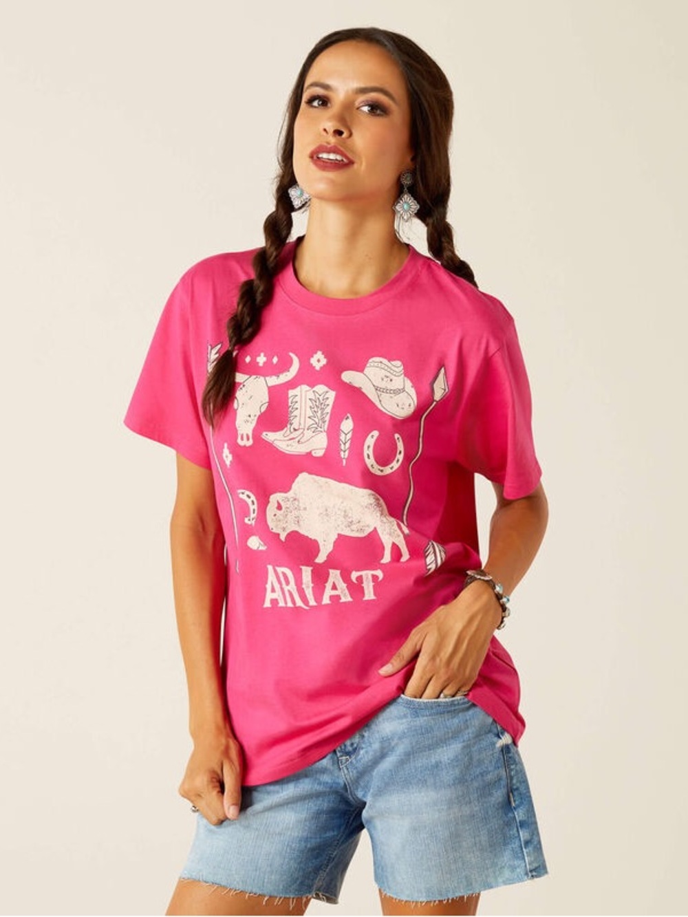 Ariat Women's Hot Pink Western Graphic Short Sleeve Tee Boyfriend Fit Relaxed
